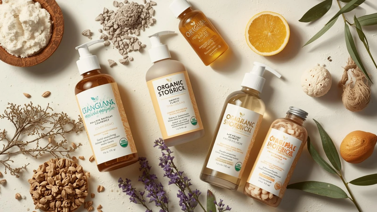 Natural hair and skin care products placed on table