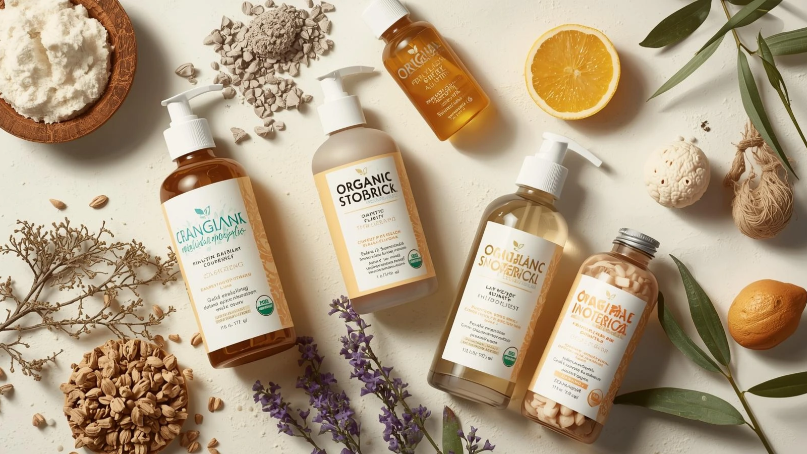 Natural hair and skin care products placed on table