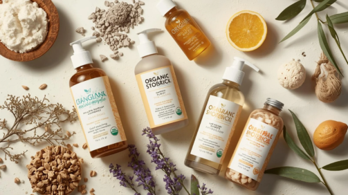 Natural hair and skin care products placed on table