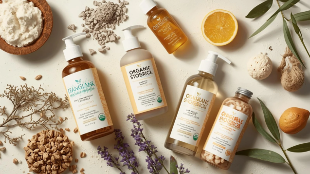 Natural hair and skin care products placed on table